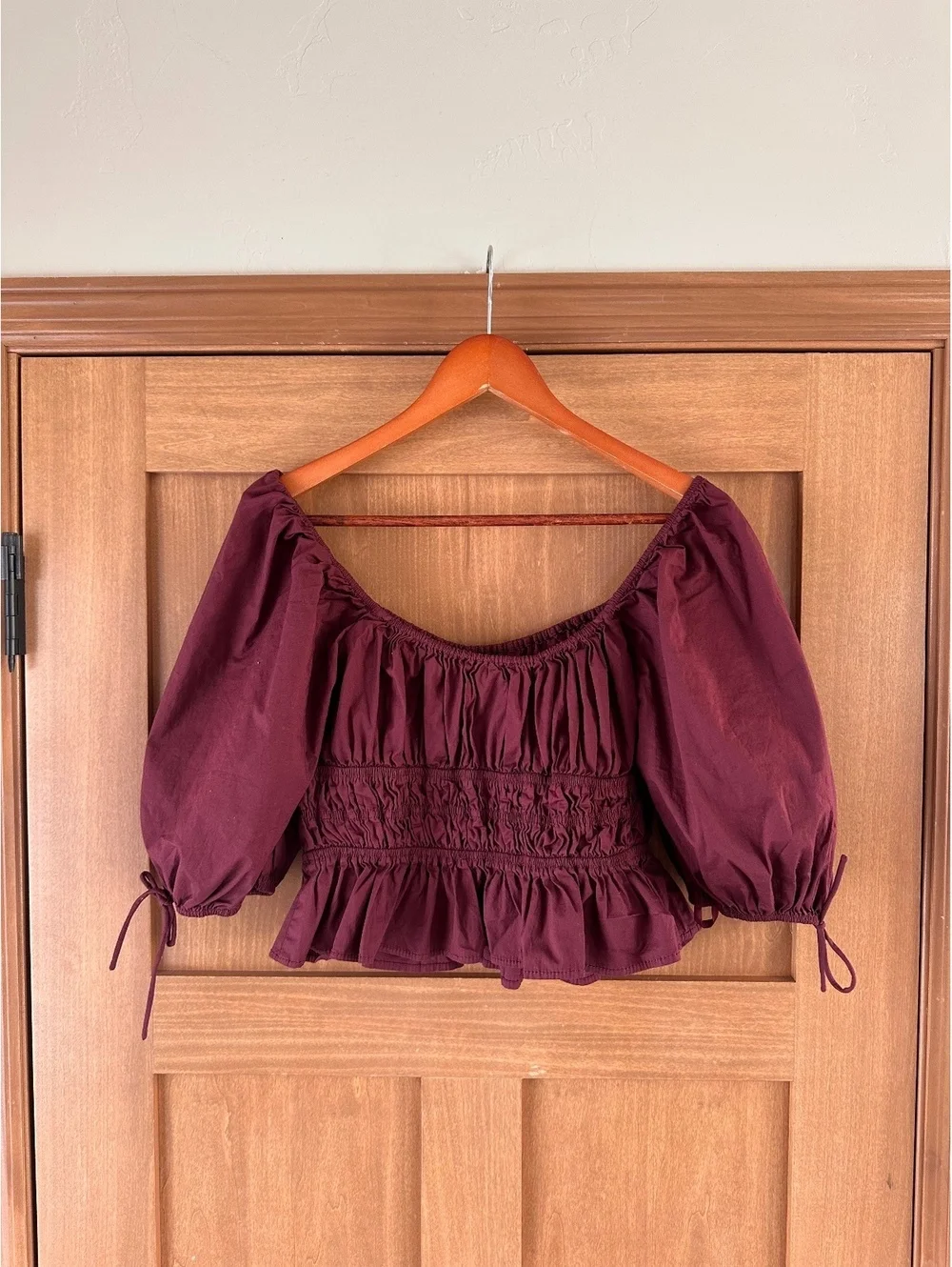 STAUD Faye Gathered Puff-Sleeve Crop Top Cotton in Plum Women’s size XL